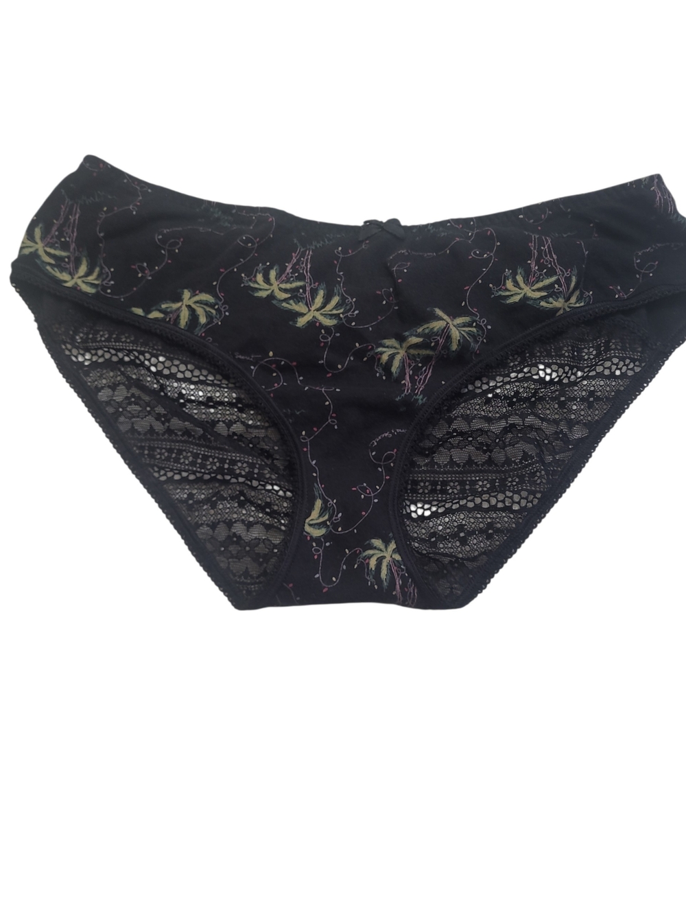 Vintage Victoria's Secret Black Lace  Panties with Green and Pink Palm Print